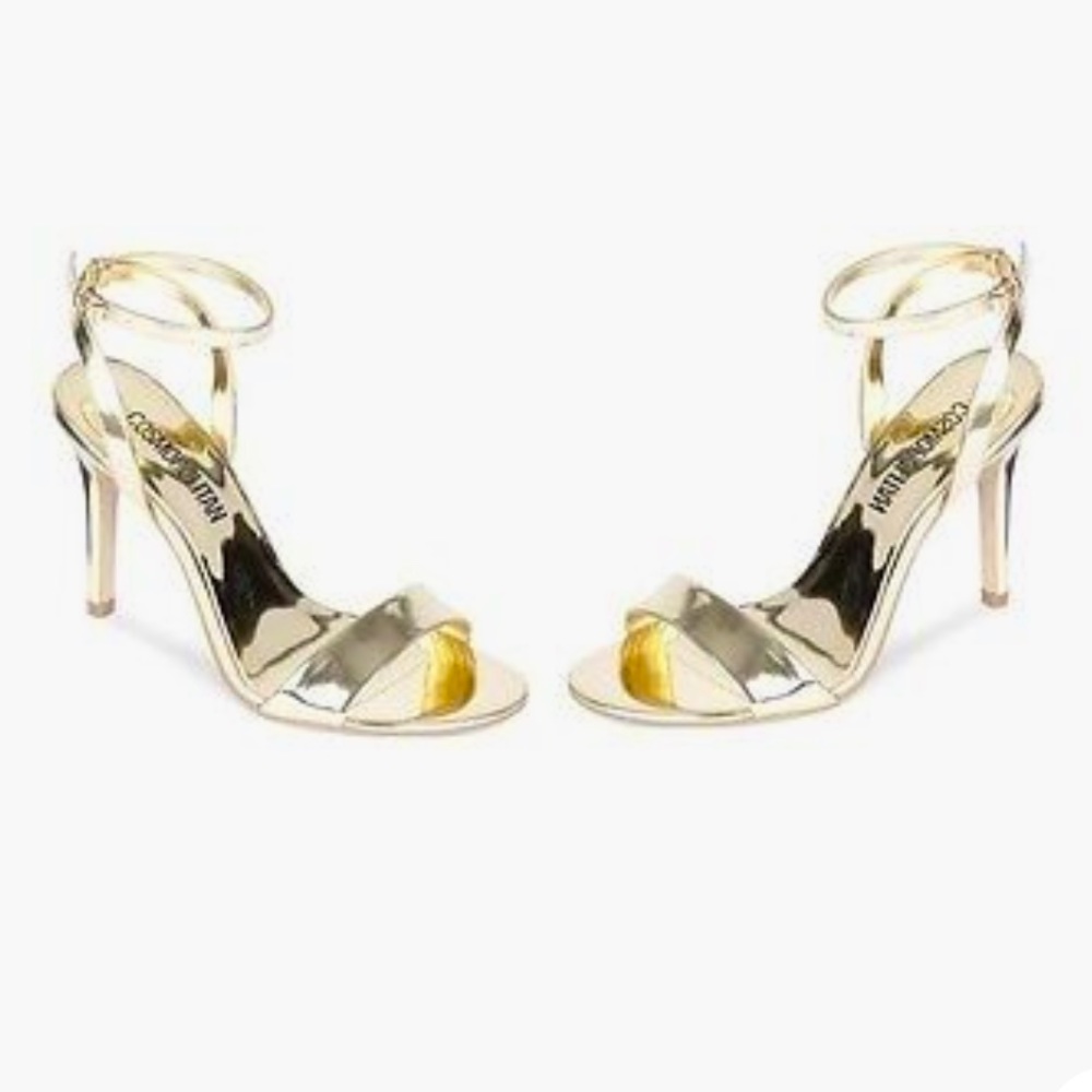 Cosmopolitan metallic gold open toe ankle strap heels, size 11